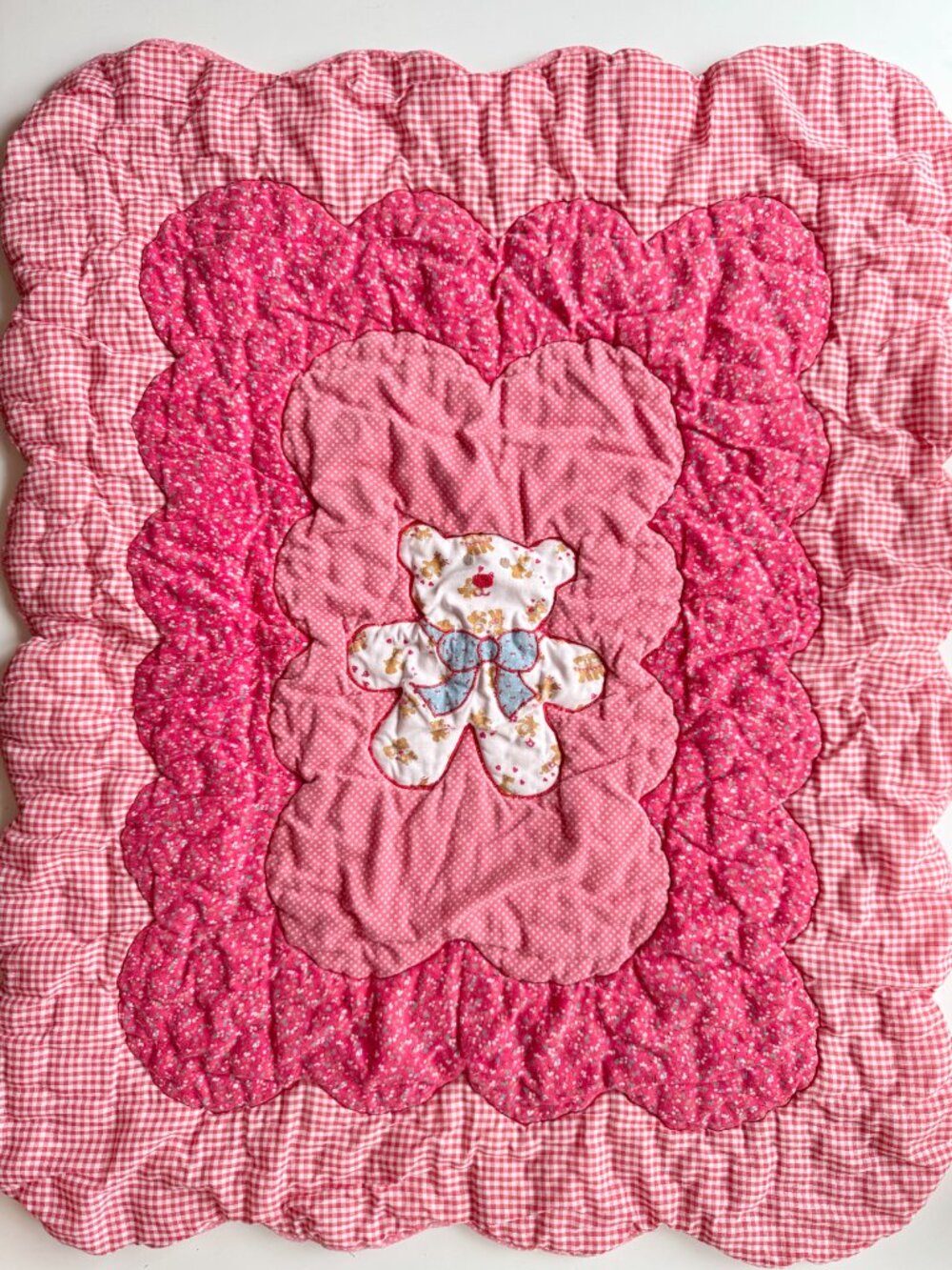 Vintage Handmade Red Gingham Floral Teddy Bear Cotton Voile Quilt Baby Blanket